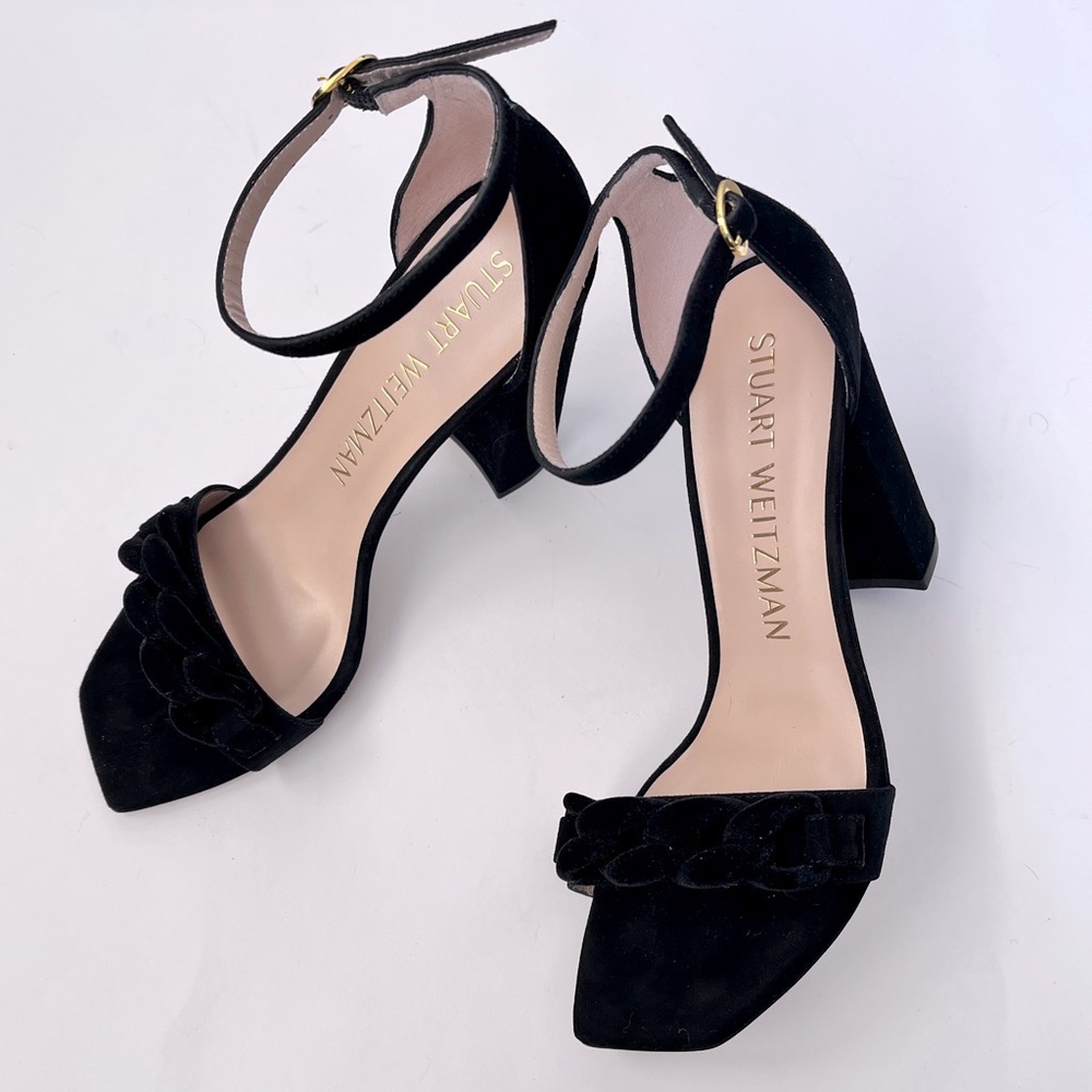 STUART WEITZMAN Amelina Chain Black Suede Block High Heel Sandals Size 9